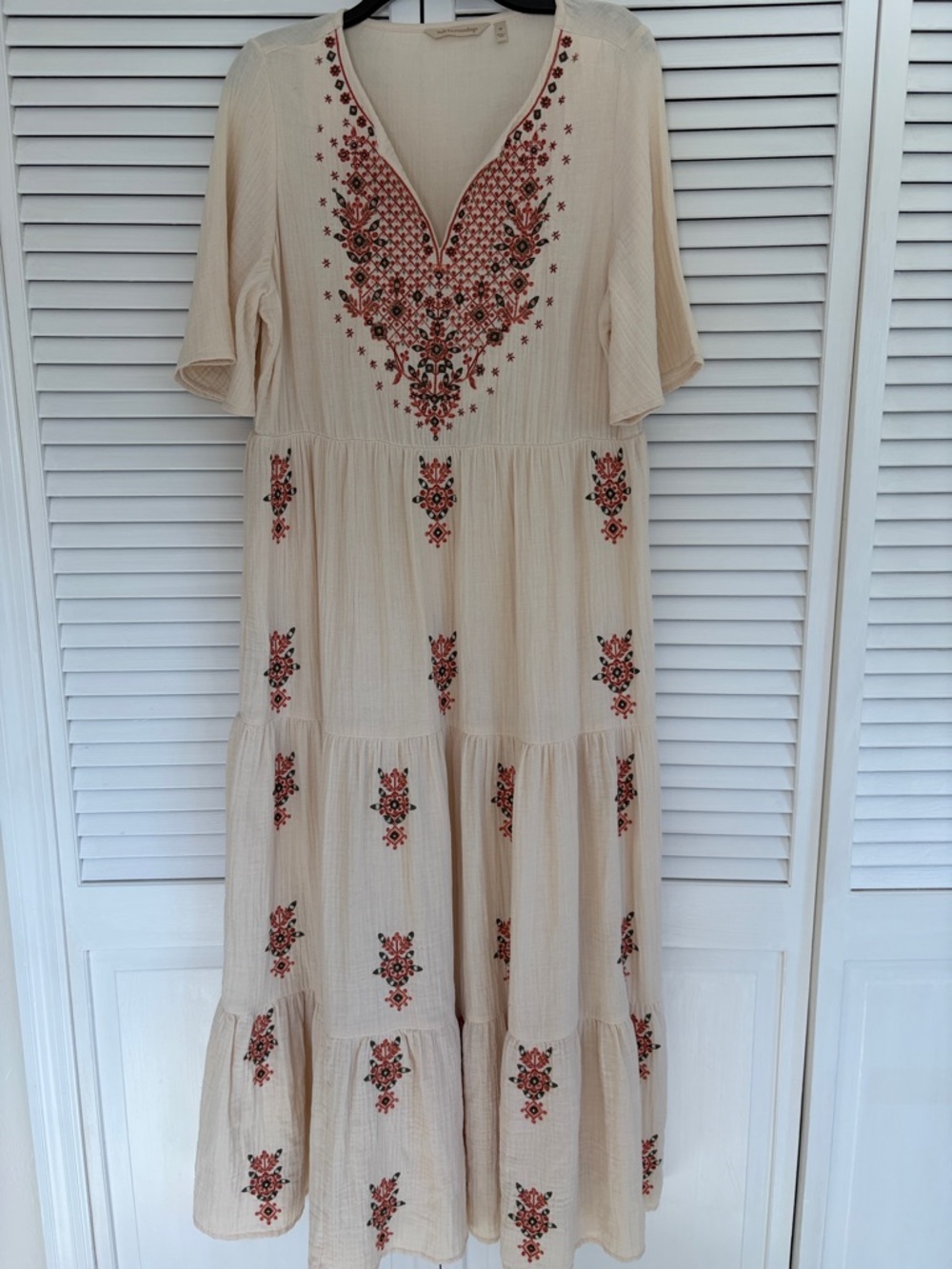 Soft Surroundings Cream Maxi Dress with Red Floral Embroidery